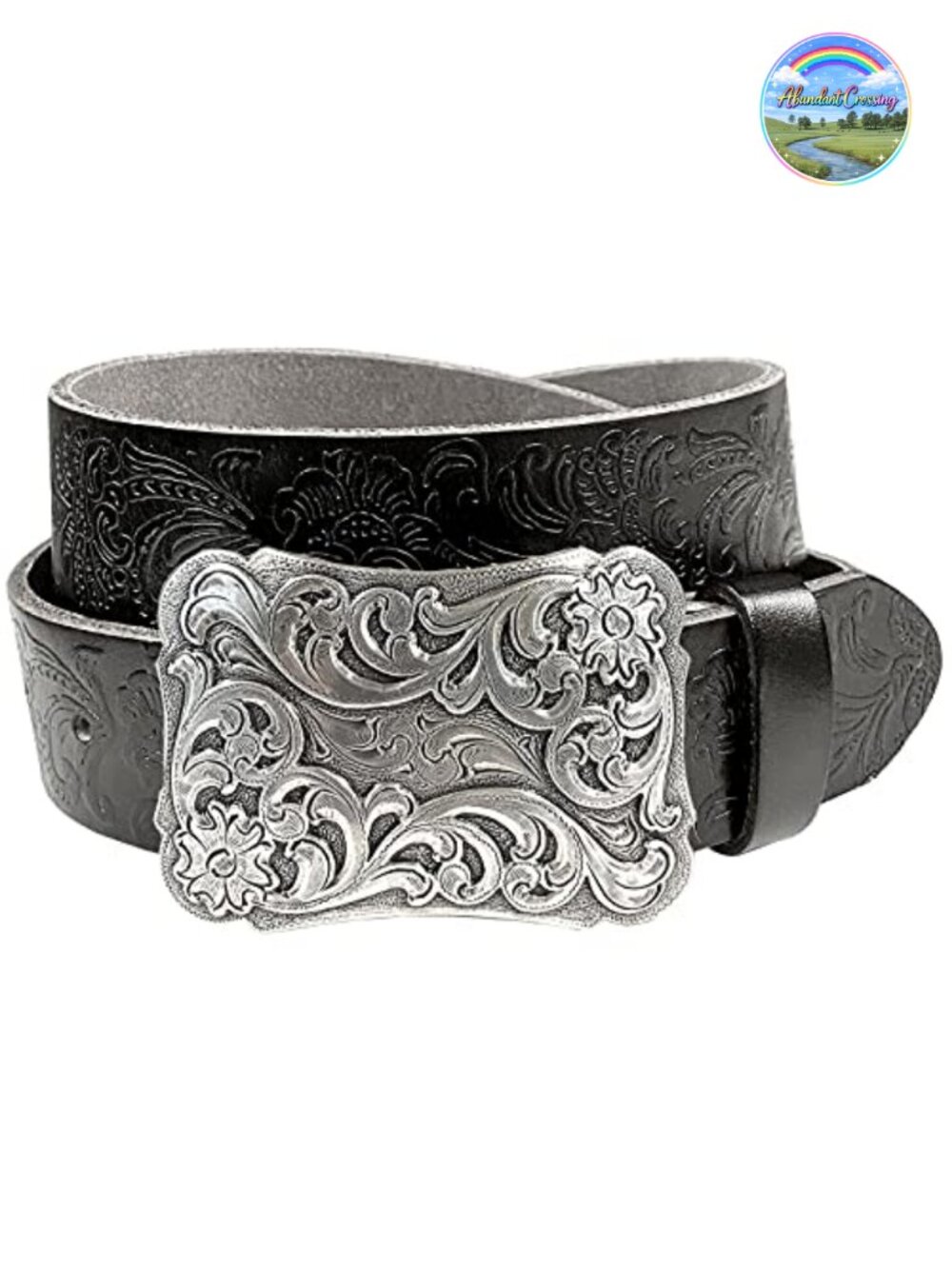 Full Grain Genuine Leather Belt Floral Engraved Buckle Western Jean Belt 1.5"